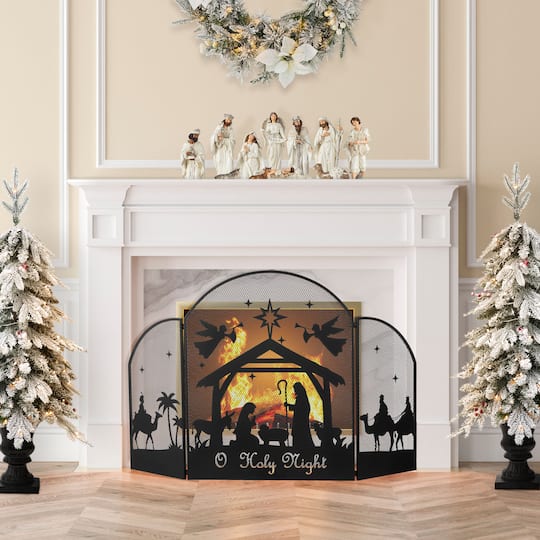 Glitzhome® 48" Christmas Metal Mesh Silhouette Nativity Scene Screen